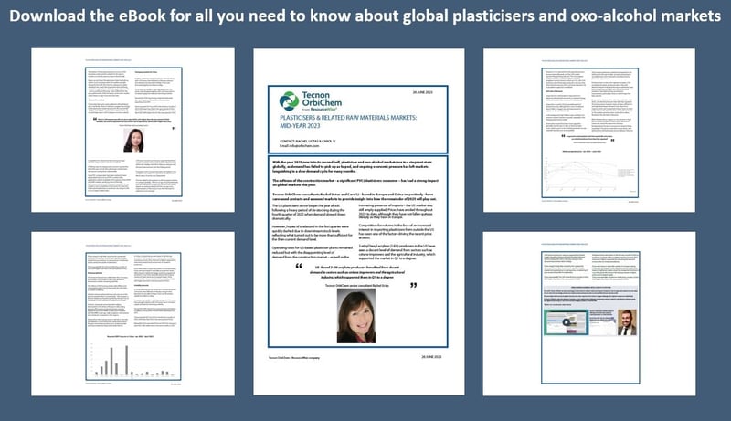 A montage of the pages contained in the ebook Plasticizer & raw materials at mid-year 2023.
