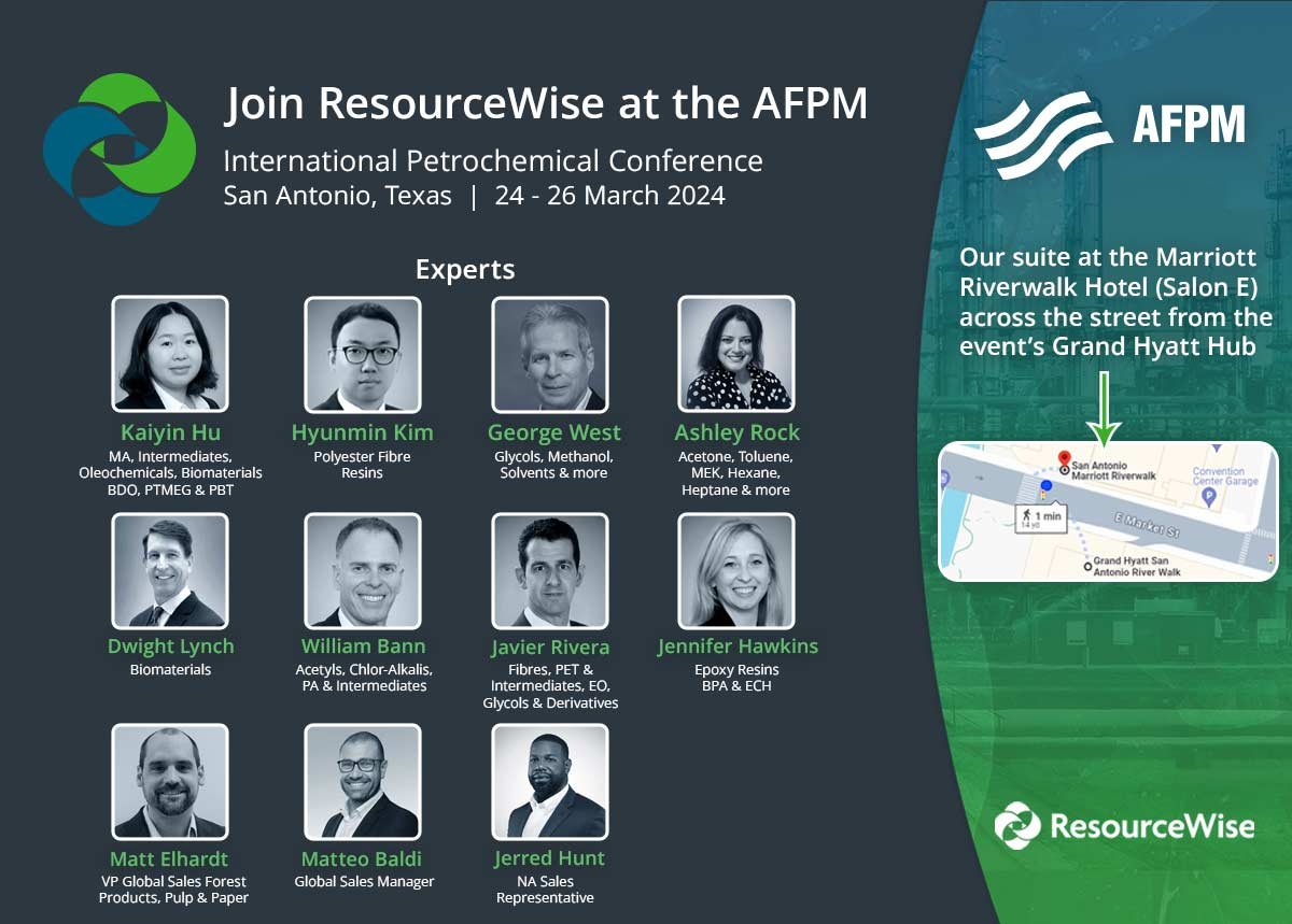 A flyer with headshots and mini-biographies of the chemicals experts from ResourceWise attending AFPM's International Petrochemical Conference 2024.