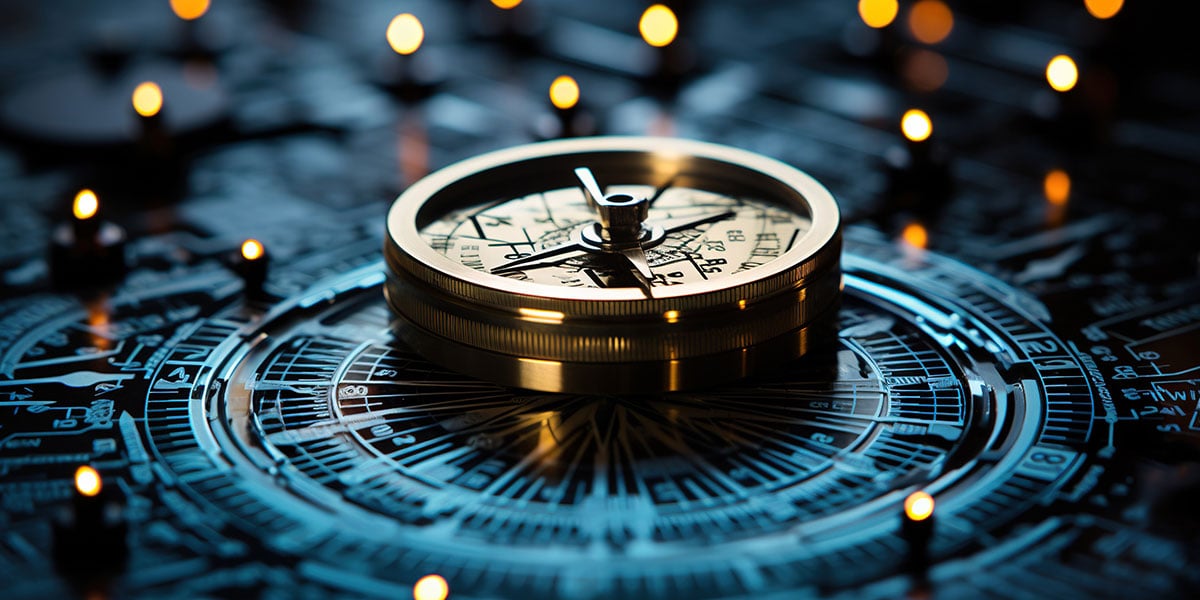 Close up of a brass compass
