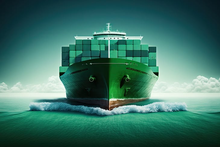 The bow of a green cargo ship carrying dozens of FEU containers.