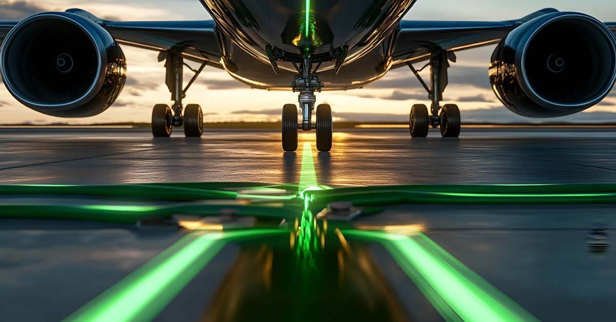 An airplane using SAF at an airport.
