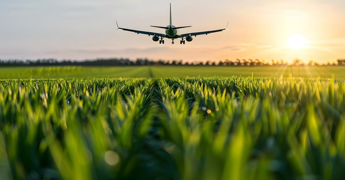 A plane fueled by sustainable aviation fuel, or SAF, flies over the feedstock crops used to make the fuel.