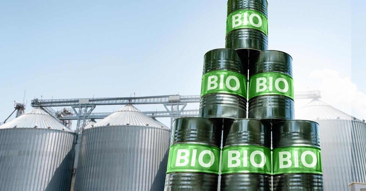 Biofuel barrels in front of a production facility.
