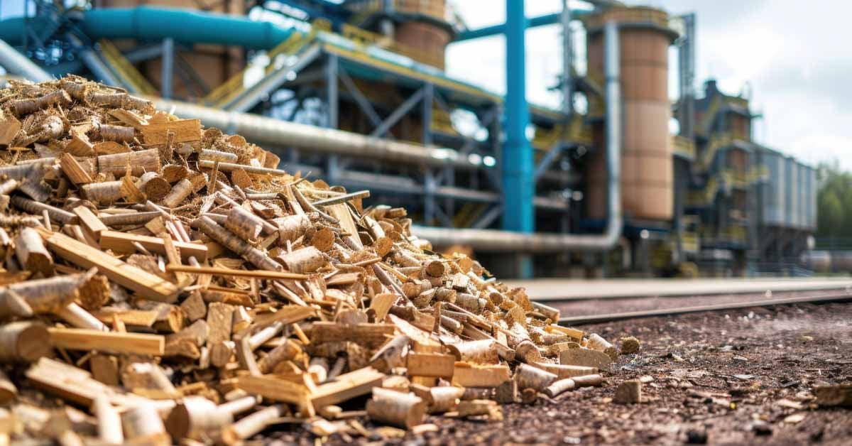 Woody biomass used as a feedstock in the production of biofuel.
