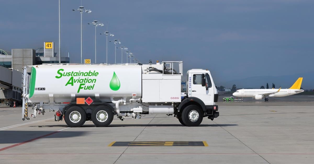 SAF fuel truck on a commercial airport runway.