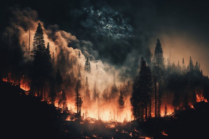 Declives ondulantes de uma floresta de pinheiros envolvidos por um incêndio florestal com fumaça subindo para o céu.
