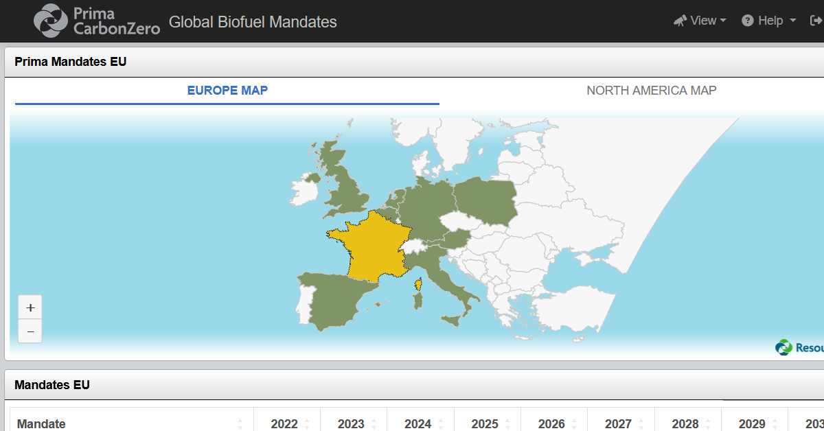 Prima CarbonZero platform showing the French global biofuel mandates coming from the EU.
