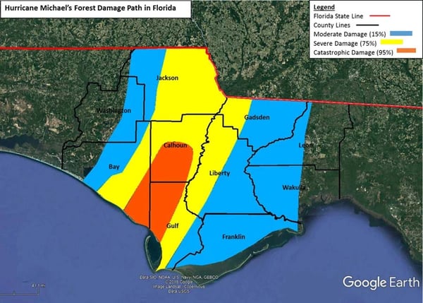 Map of the Louisiana coast showing a damage grid of Hurricane Michael upon landfall.