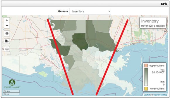 A map of Louisiana and Hurricane Ida's path showing timber inventory density from SilvaStat360.