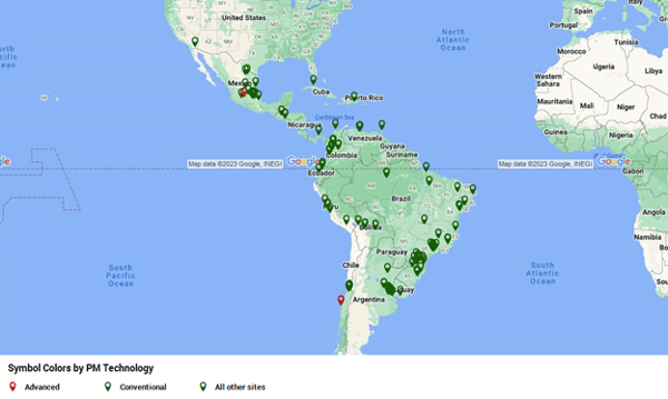 Map of advanced and conventional machines in North and South America.