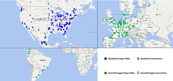 Map of Smurfit Kappa and WestRock's paper mills.