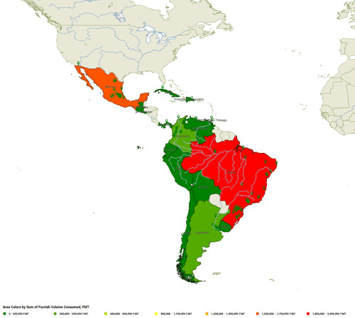 Heat map of Latin America's tissue production.