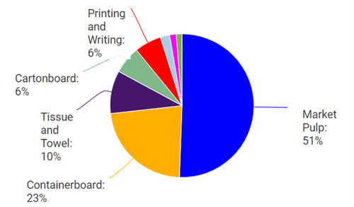 Pie chart of Latin America's pulp and paper capacity by major grade.