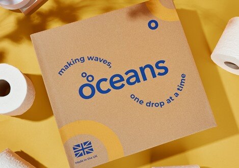 DS Smith and Ocean's packaging collaboration in the center with rolls of toilet tissue surrounding it.