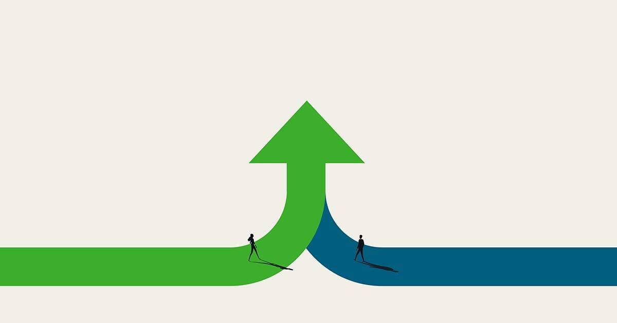 a green line and blue line merging into one with an arrow at the top and a business person standing on each line