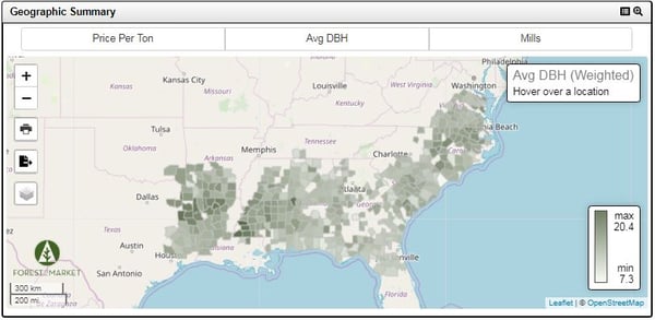 Stumpage map shows min and max values
