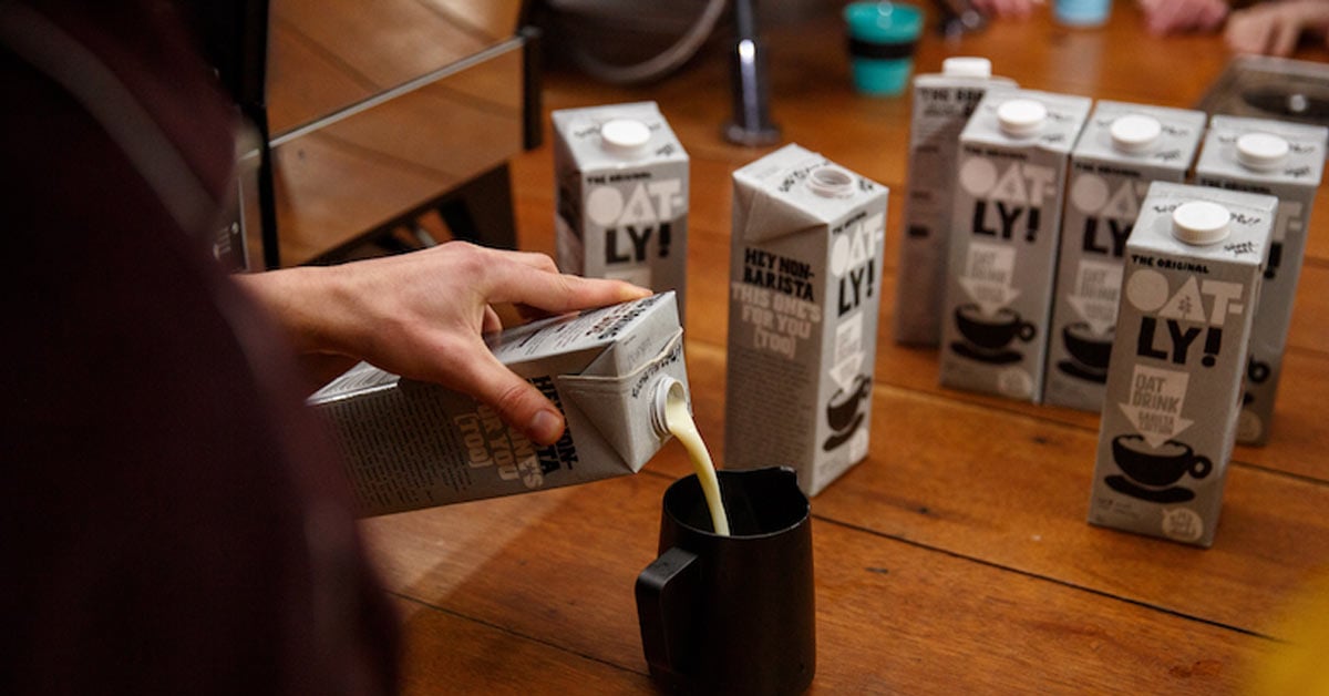 An example of sustainable packaging from Oatly. 