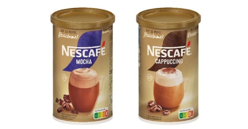 Two of Nescafe's new paper packaging for Cappuccino and Mocha products.