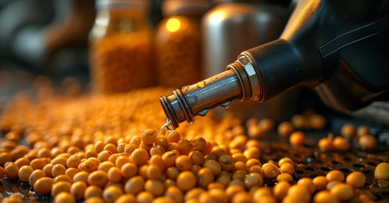 A biodiesel pump dripping onto a pile of its feedstock, soybeans.