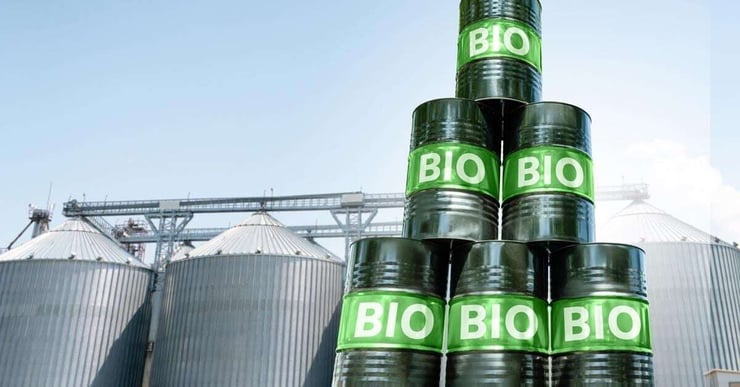 Biofuel barrels in front of a production facility.