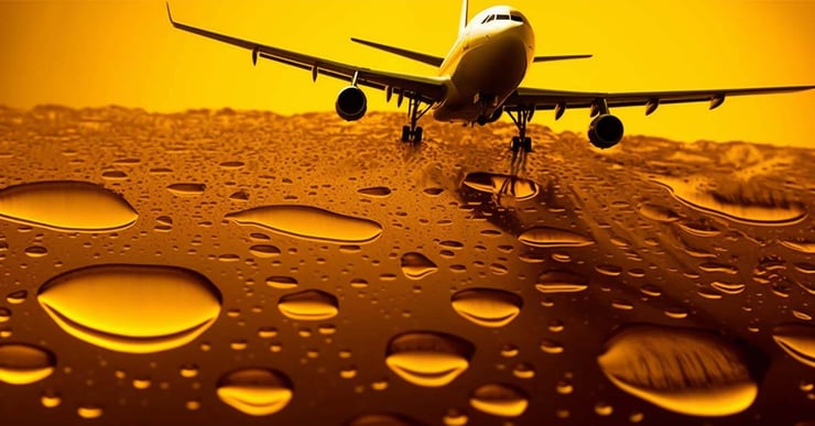 Used cooking oil (UCO) displayed over an airplane denoting the use of biofuels for aviation.