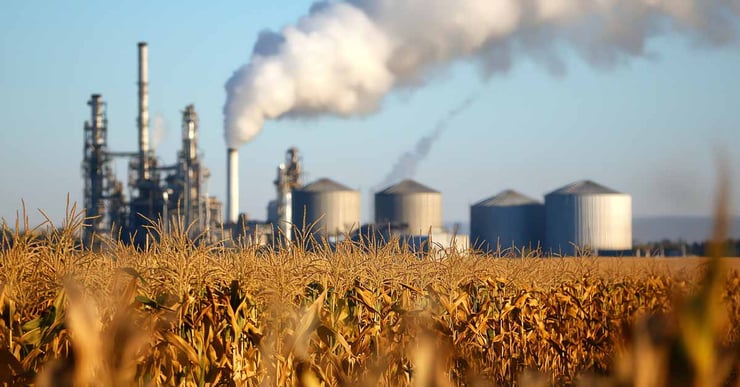 A biofuels production facility with corn in the foreground in the US Midwest.