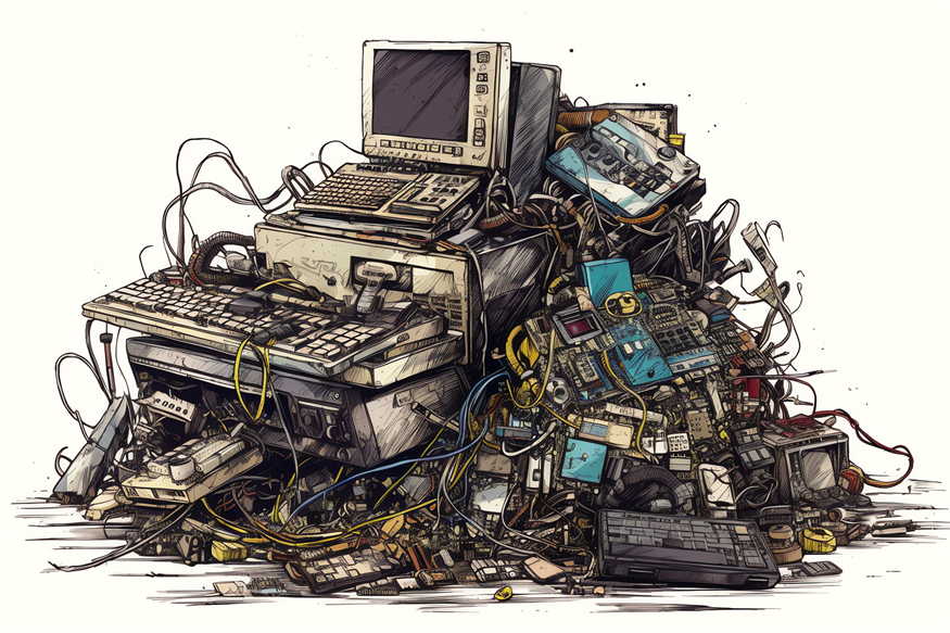 A pile of electronic waste including a monitor, phones and other technology.
