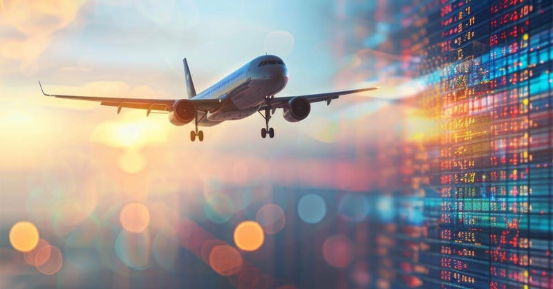 Airplane flying with price numbers in the background indicating increasing ticket prices due to SAF.