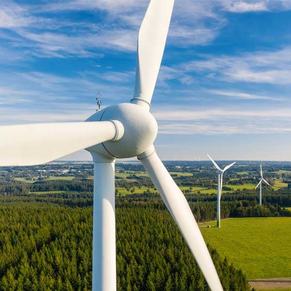 A wind turbine surrounded by lush green grass and blue sky.