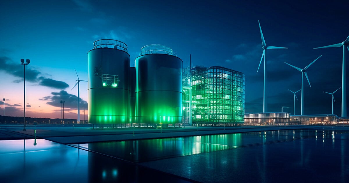 Vivid green lighting reflects off chemical plant storage tanks located beside renewable energy sources at night.