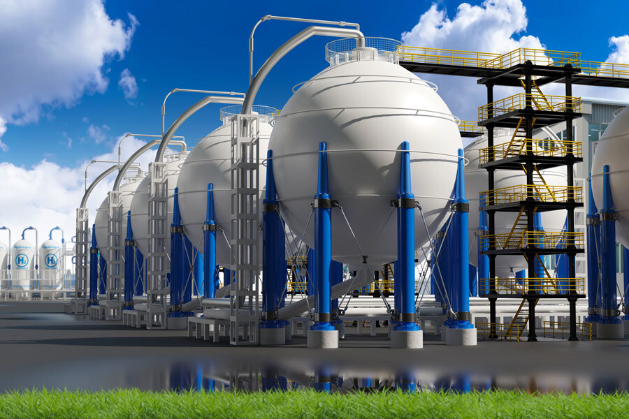 A chemical plant with storage tanks for renewable hydrogen.