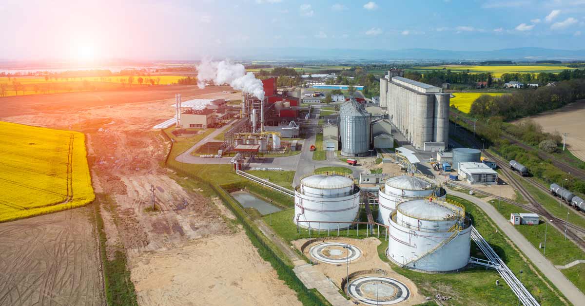 Aerial view of a biofuel production facility.