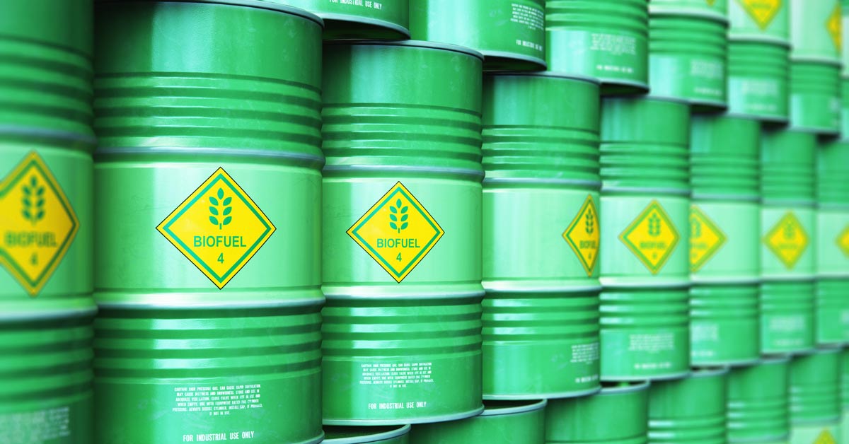 A stack of green barrels labeled Biofuel.