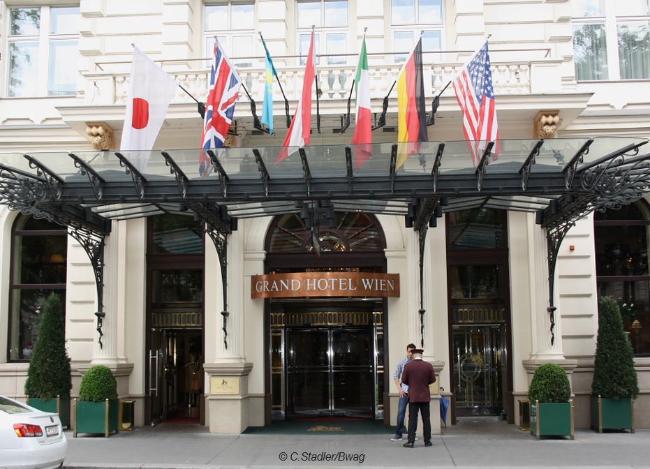 The entrance to the Grand Hotel Wien in Vienna.