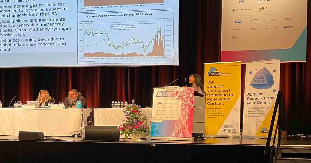 Tecnon OrbiChem biomaterials expert Doris de Guzman presents at Renewable Materials Conference in Siegburg, Cologne, Germany at the end of May 2023.
