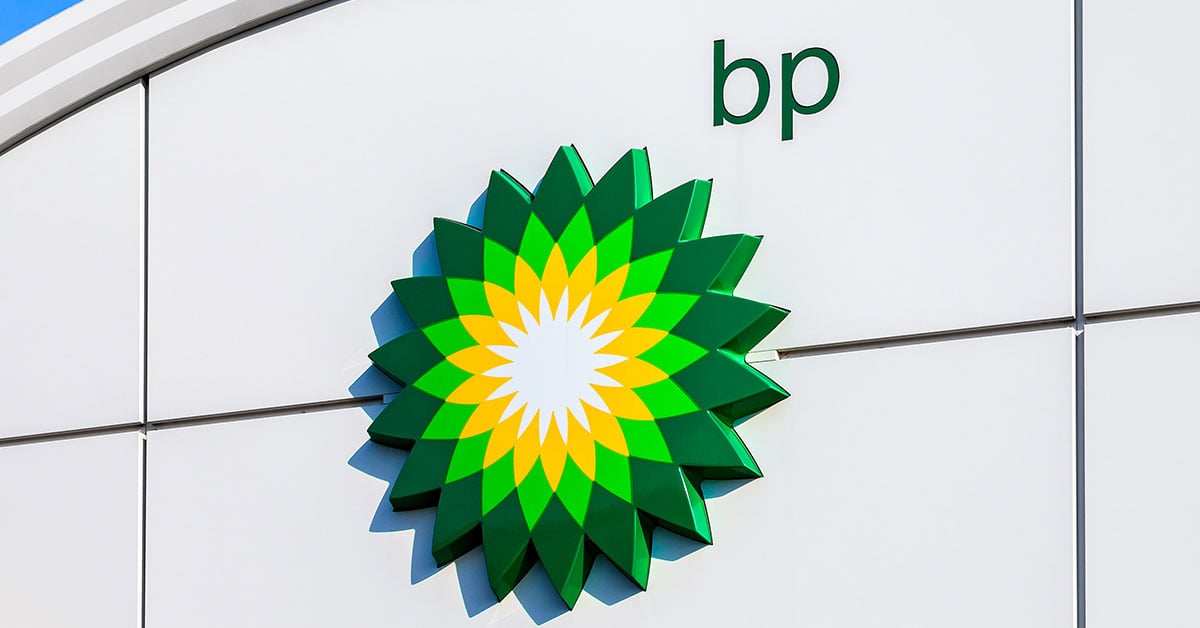 British Petroleum (BP) petrol station logo over blue sky