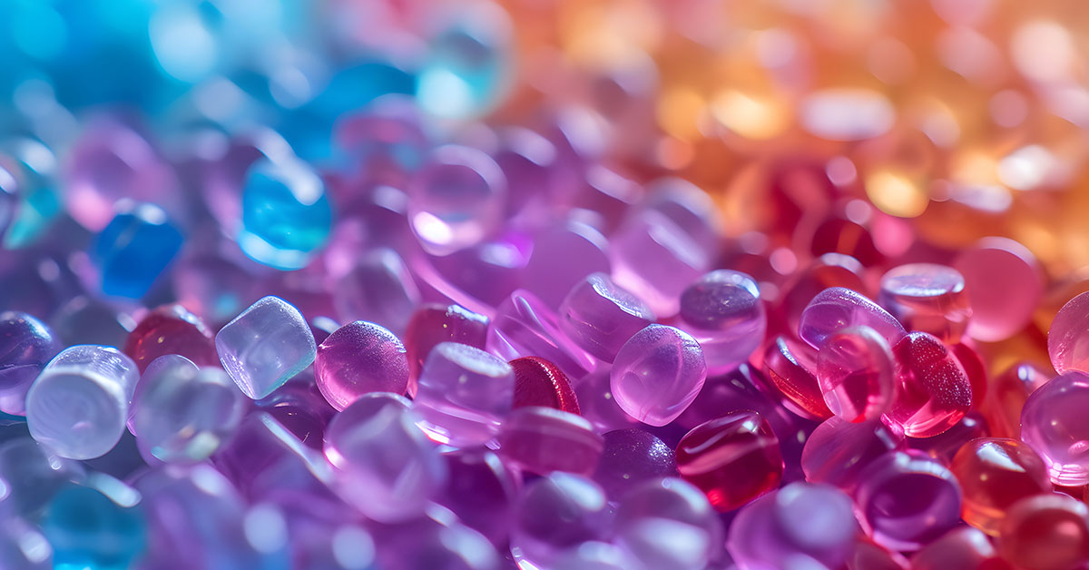 Close-up of multi-colored enigineering thermoplastic beads