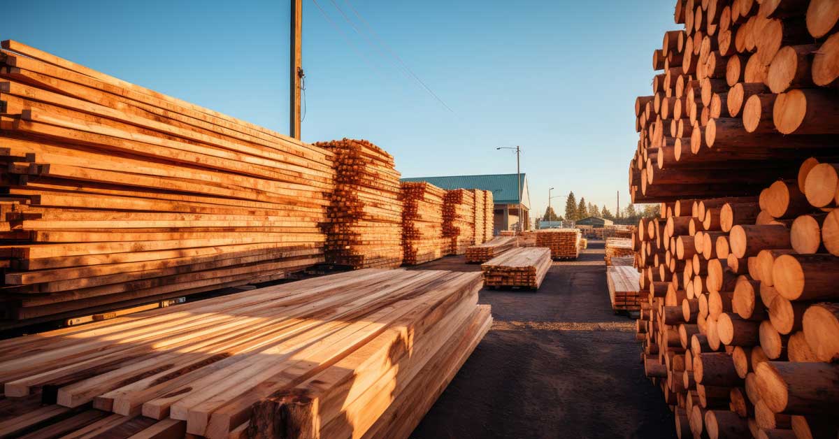 A working lumber yard with processed boards and timber.