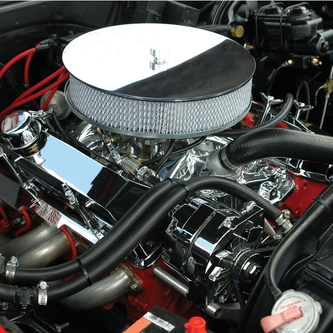 Close-up of a car engine. 