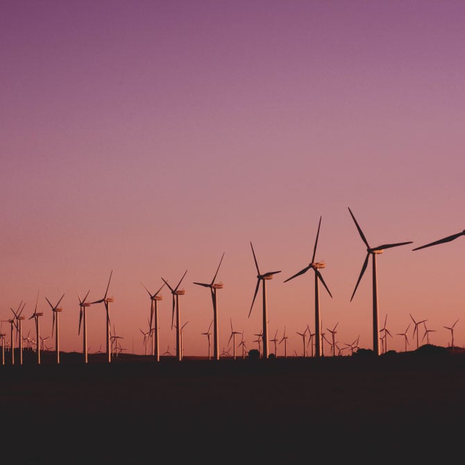 Rows of windmills for generating alternative energy at dusk. 