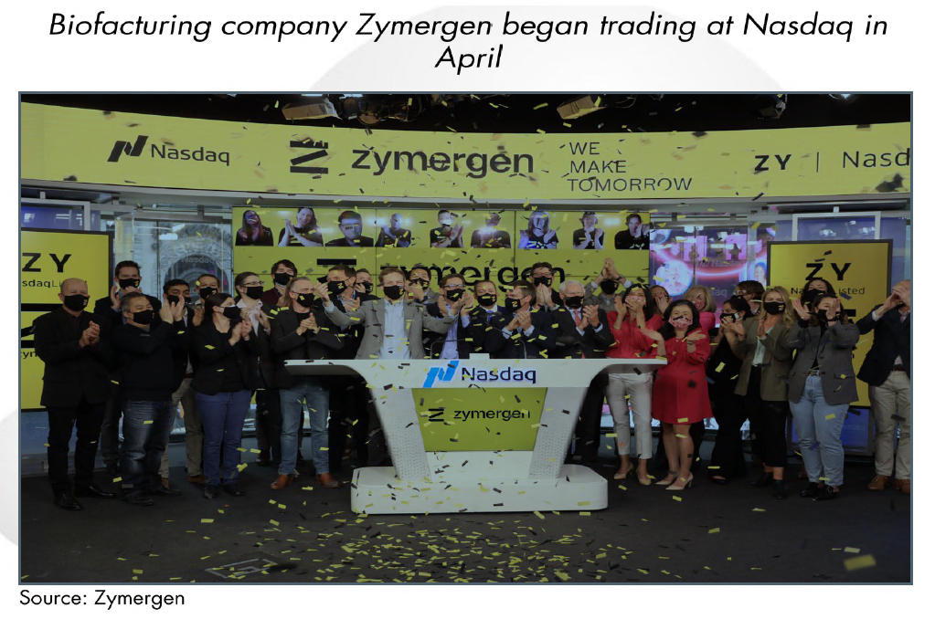 Employees attending the Zymergen NASDAQ opening event to celebrate being publicly traded. 